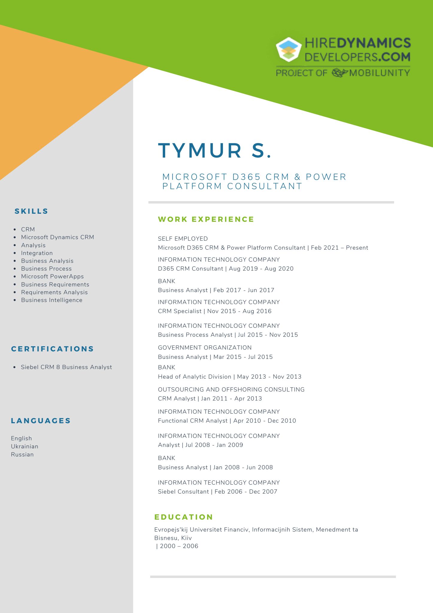 Tymur S. – Microsoft D365 CRM and Power Platform Specialist