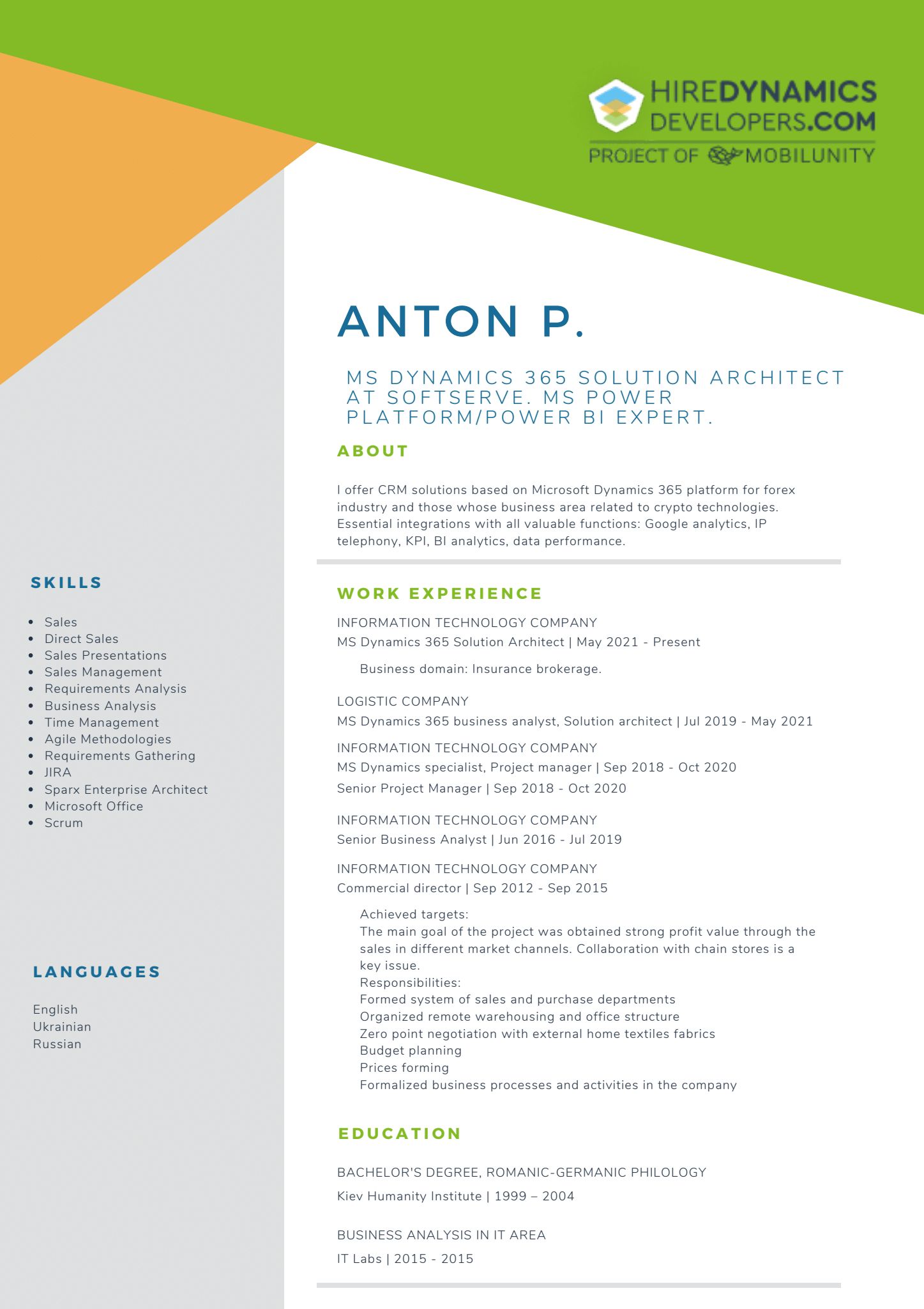 Anton P. – MS Dynamics 365 CE Functional Solution Architect / MS Power Platform/Power BI expert