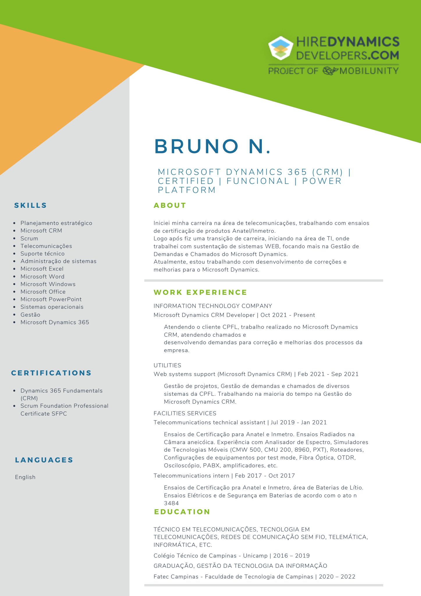 Bruno N. – Microsoft Dynamics 365 (CRM) Certified Functional Developer