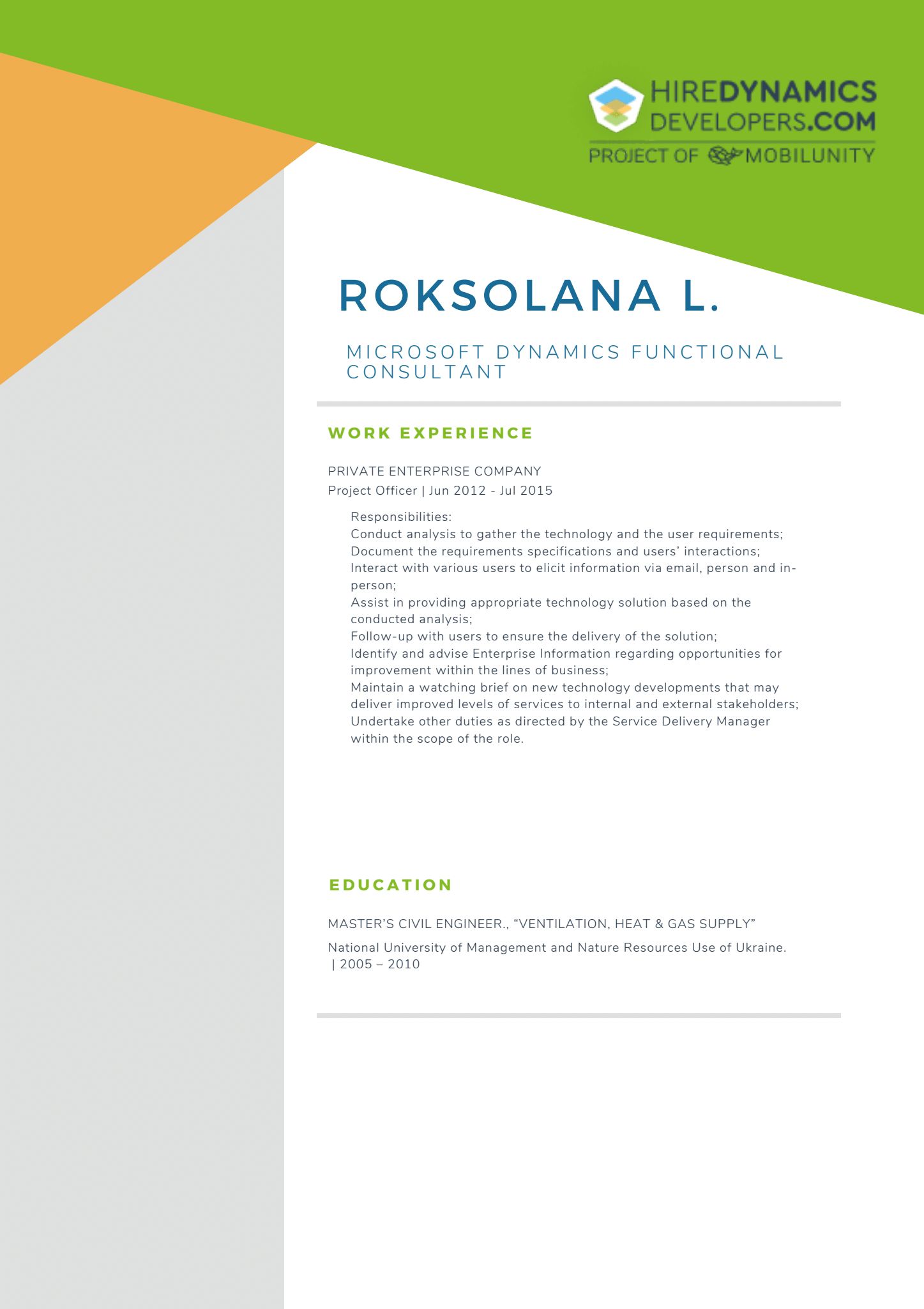 Roksolana L. – Microsoft Dynamics Functional Consultant at HireDynamicsDevelopers