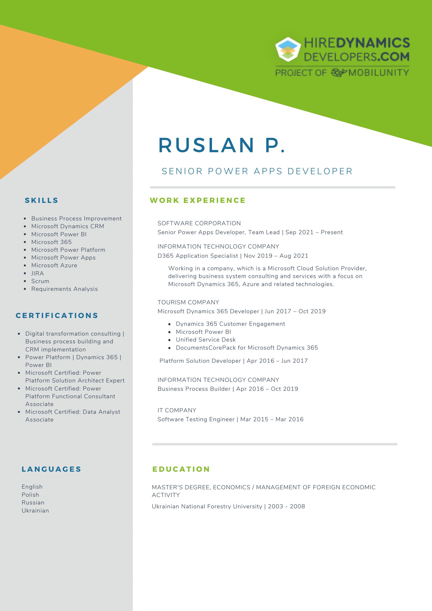 Ruslan P. – Microsoft Power Platform Developer by HireDynamicsDevelopers