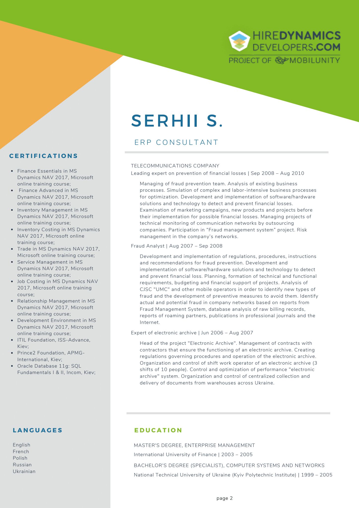 Serhii S. – ERP Consultant at HireDynamicsDevelopers