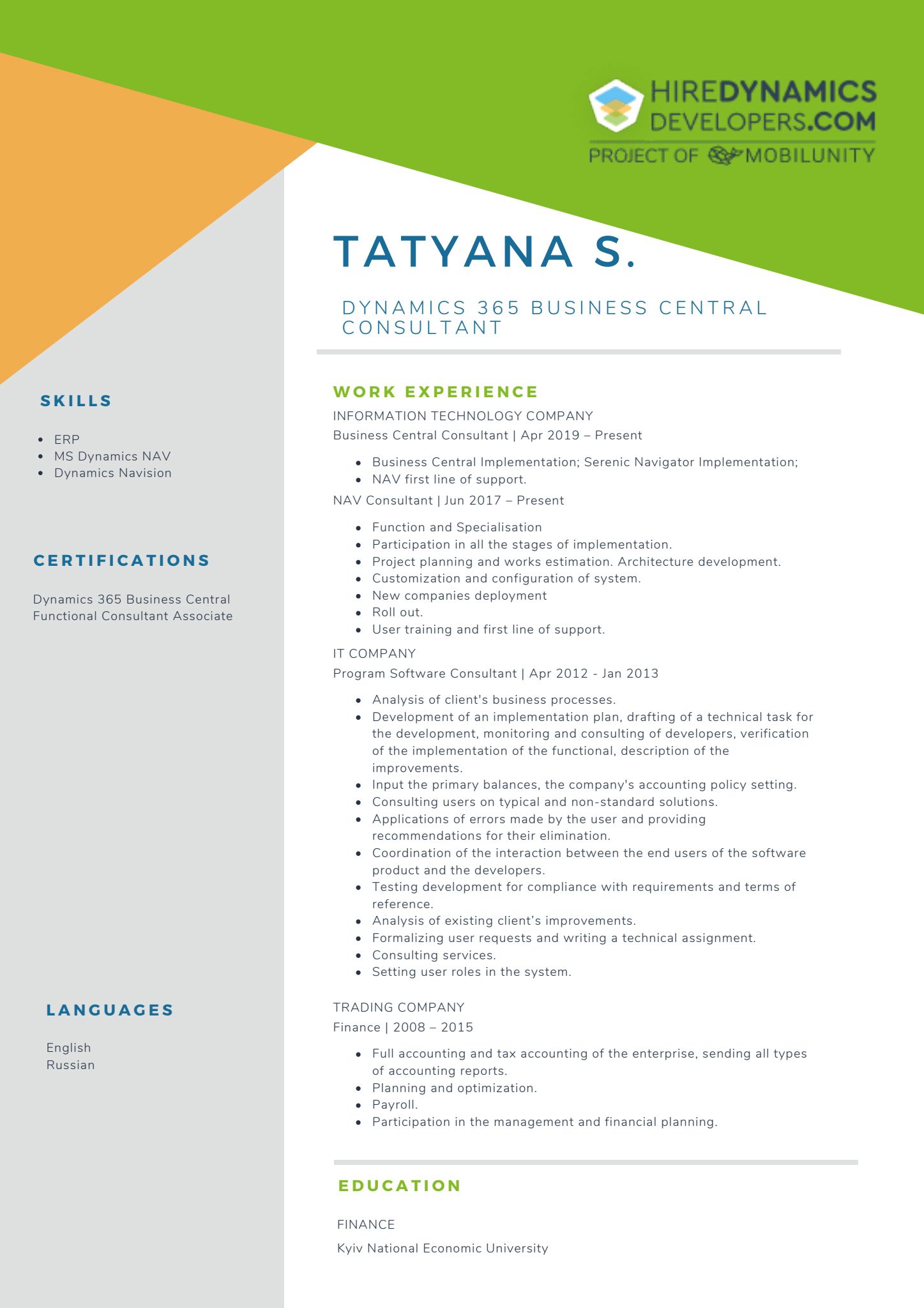 Tatyana S. – ERP Dynamics 365 Business Central Consultant