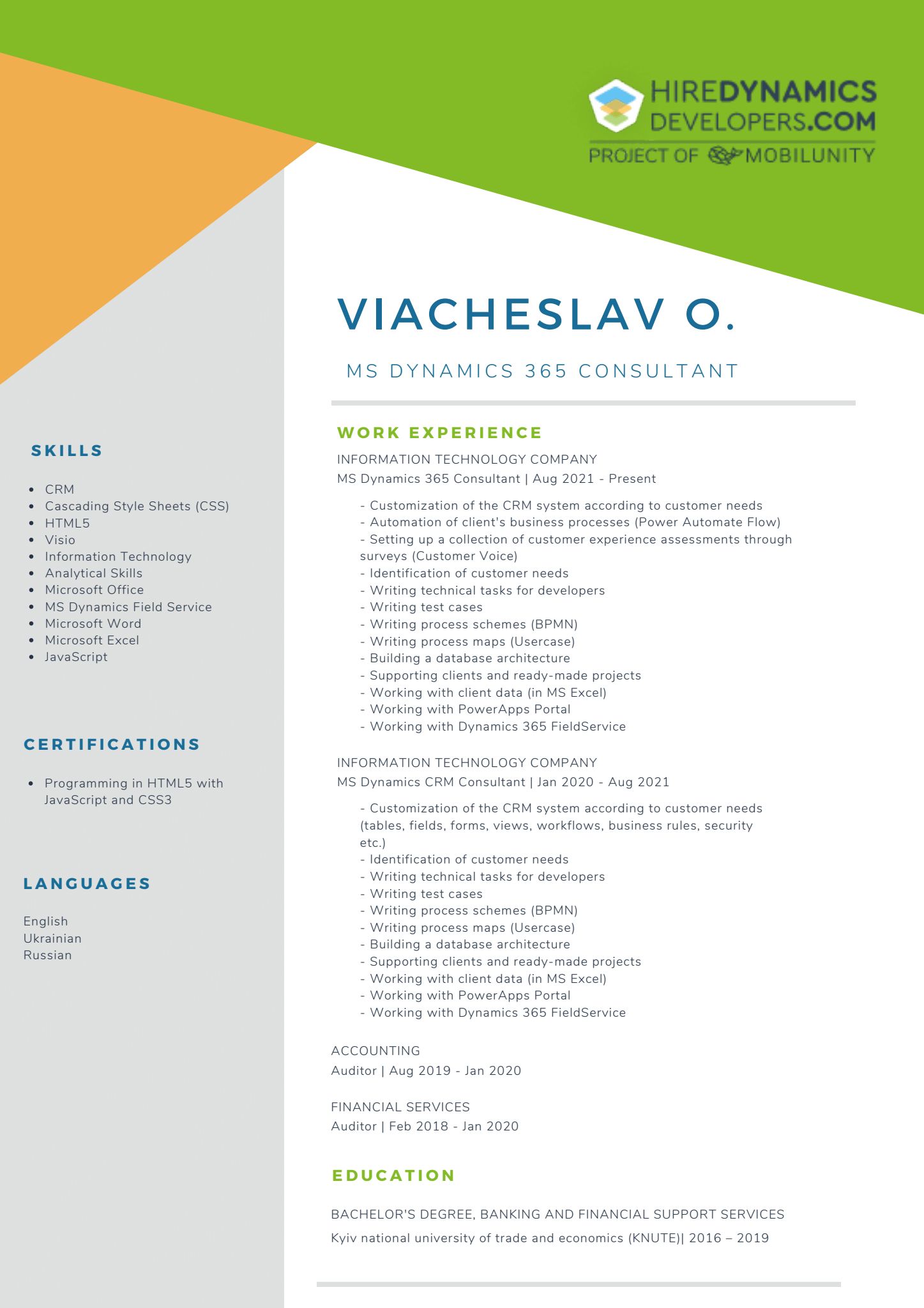 Viacheslav O. – MS Dynamics 365 CE Consultant at HireDynamicsDevelopers