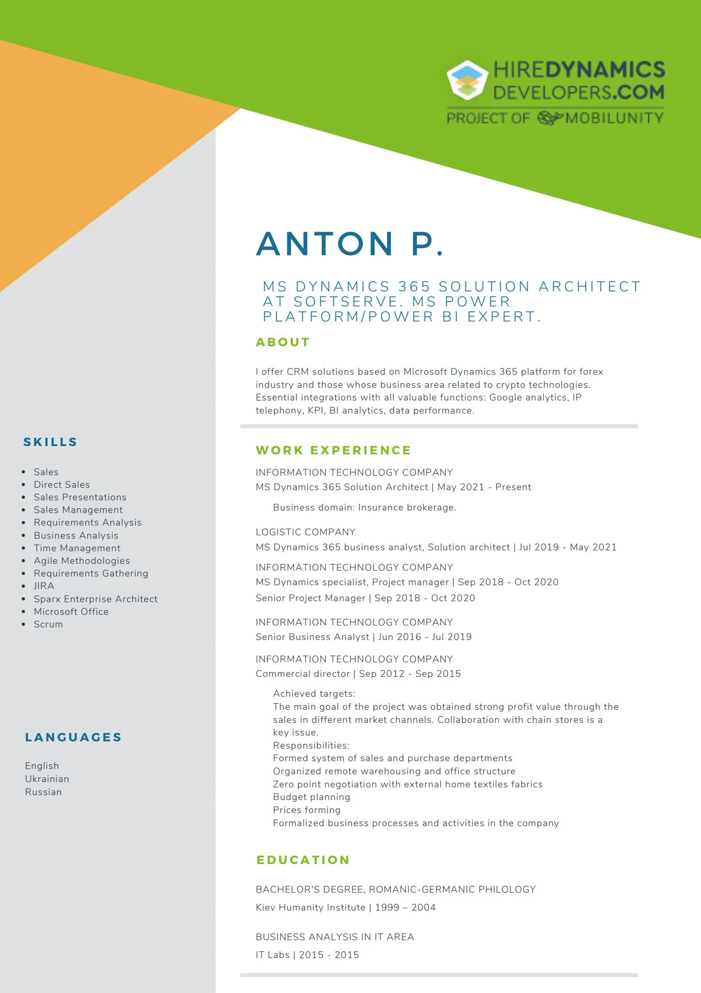 Anton P. – MS Dynamics 365 CE Functional Solution Architect / MS Power Platform/Power BI expert