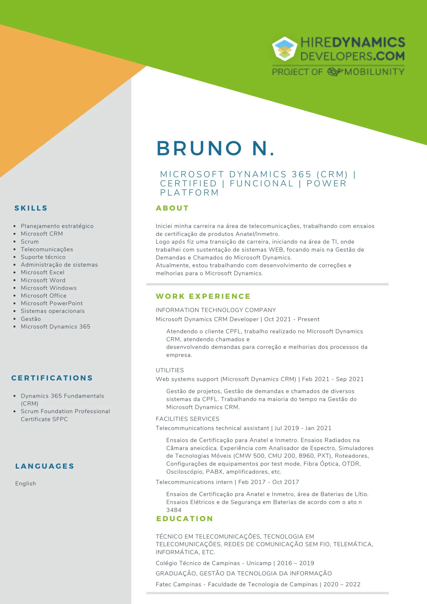 Bruno N. – Microsoft Dynamics 365 (CRM) | Certified | Functional | Power Platform | .NET Developer