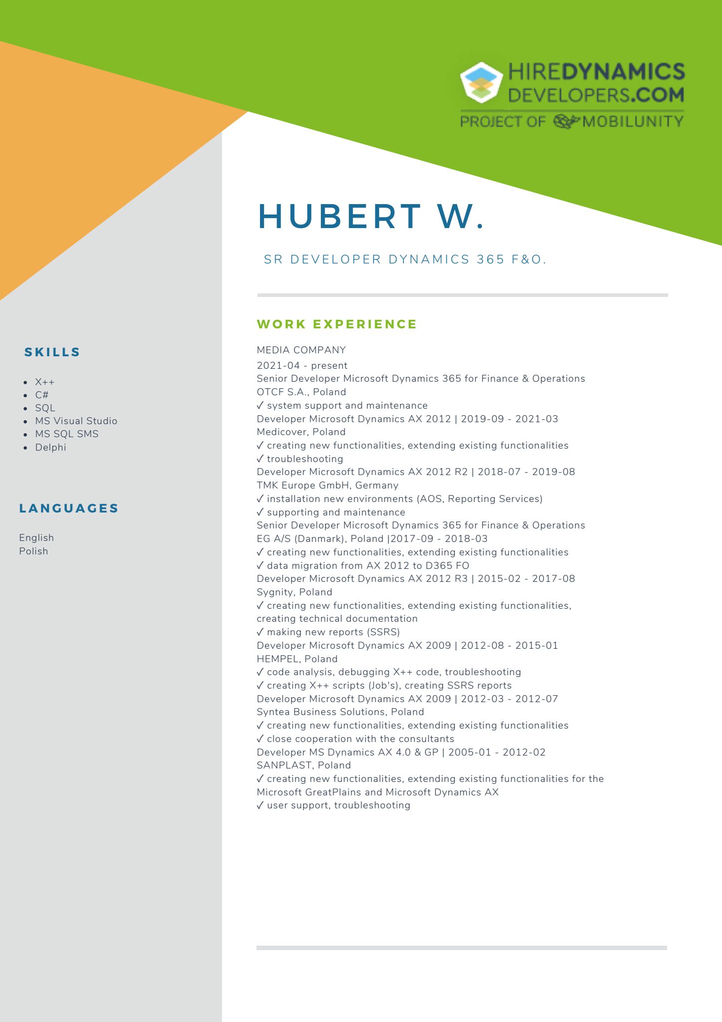 Hubert W. – Senior Developer Microsoft Dynamics AX by HireDynamicsDevelopers