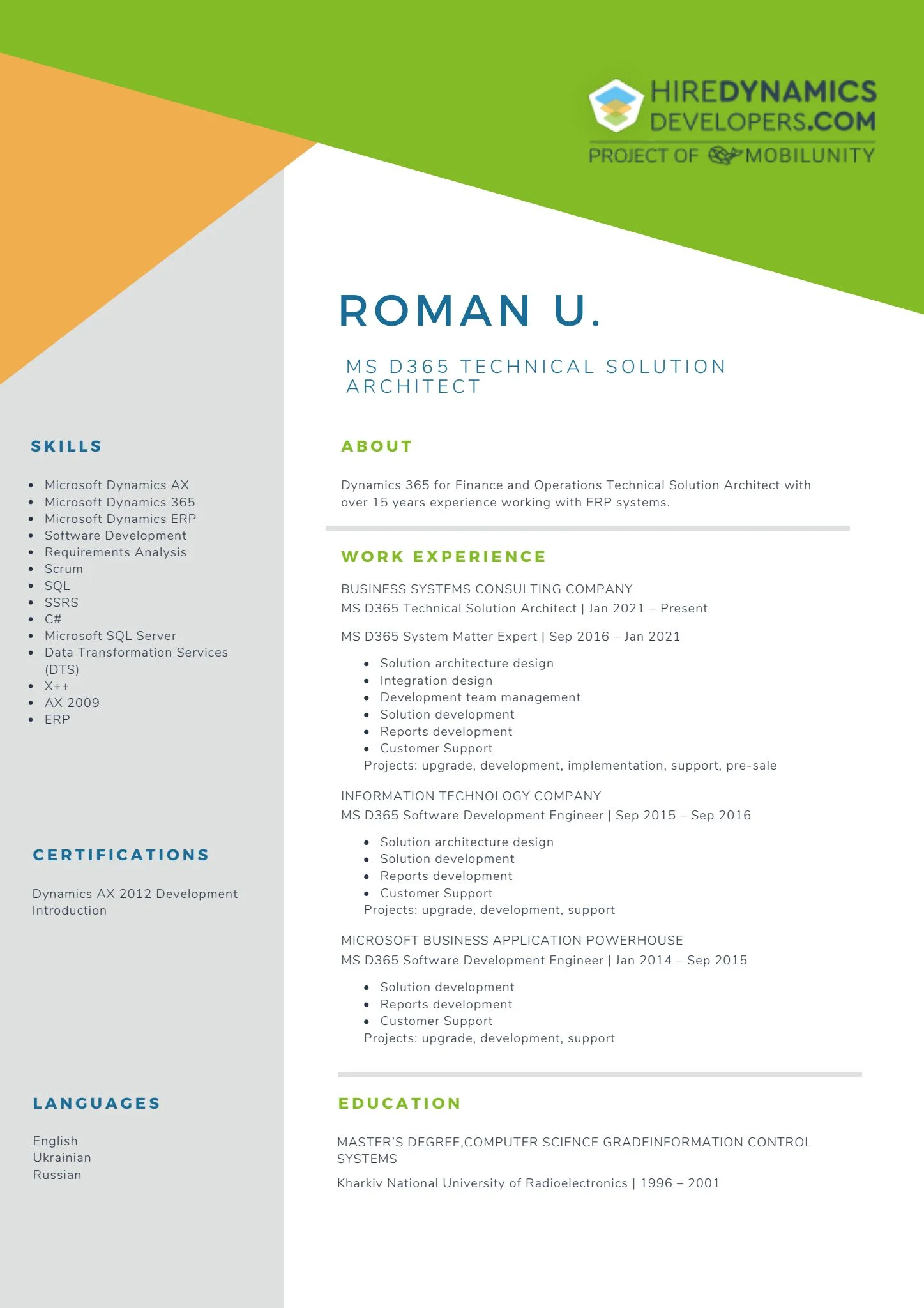 Roman U. – MS D365 Technical Solution Architect