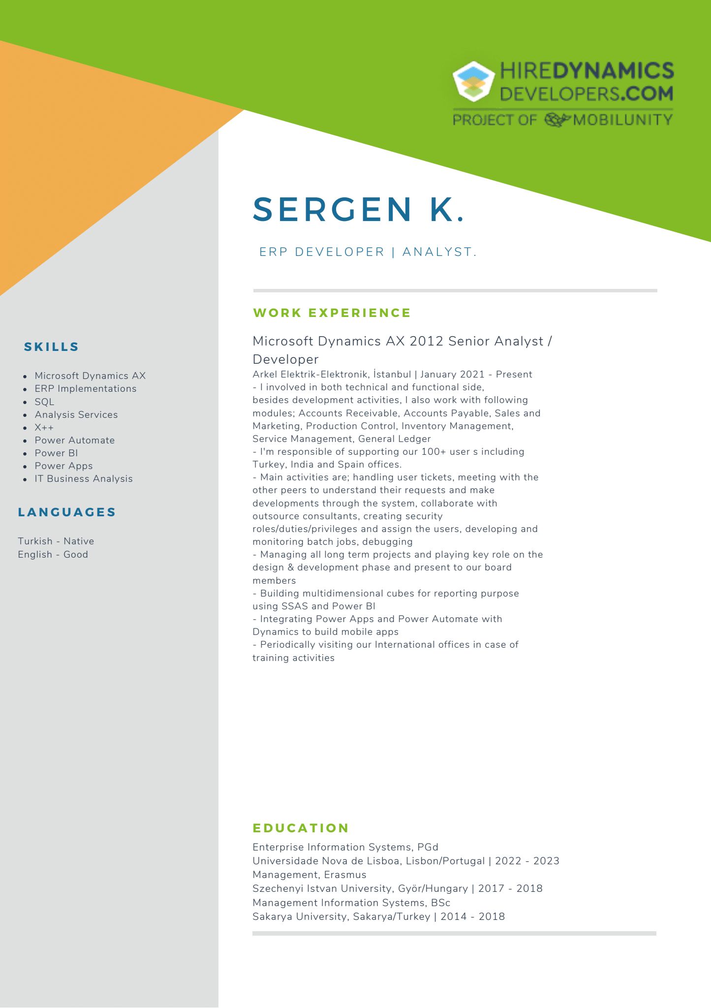 Sergen K. – AX Expert | ERP Analyst by HireDynamicsDevelopers