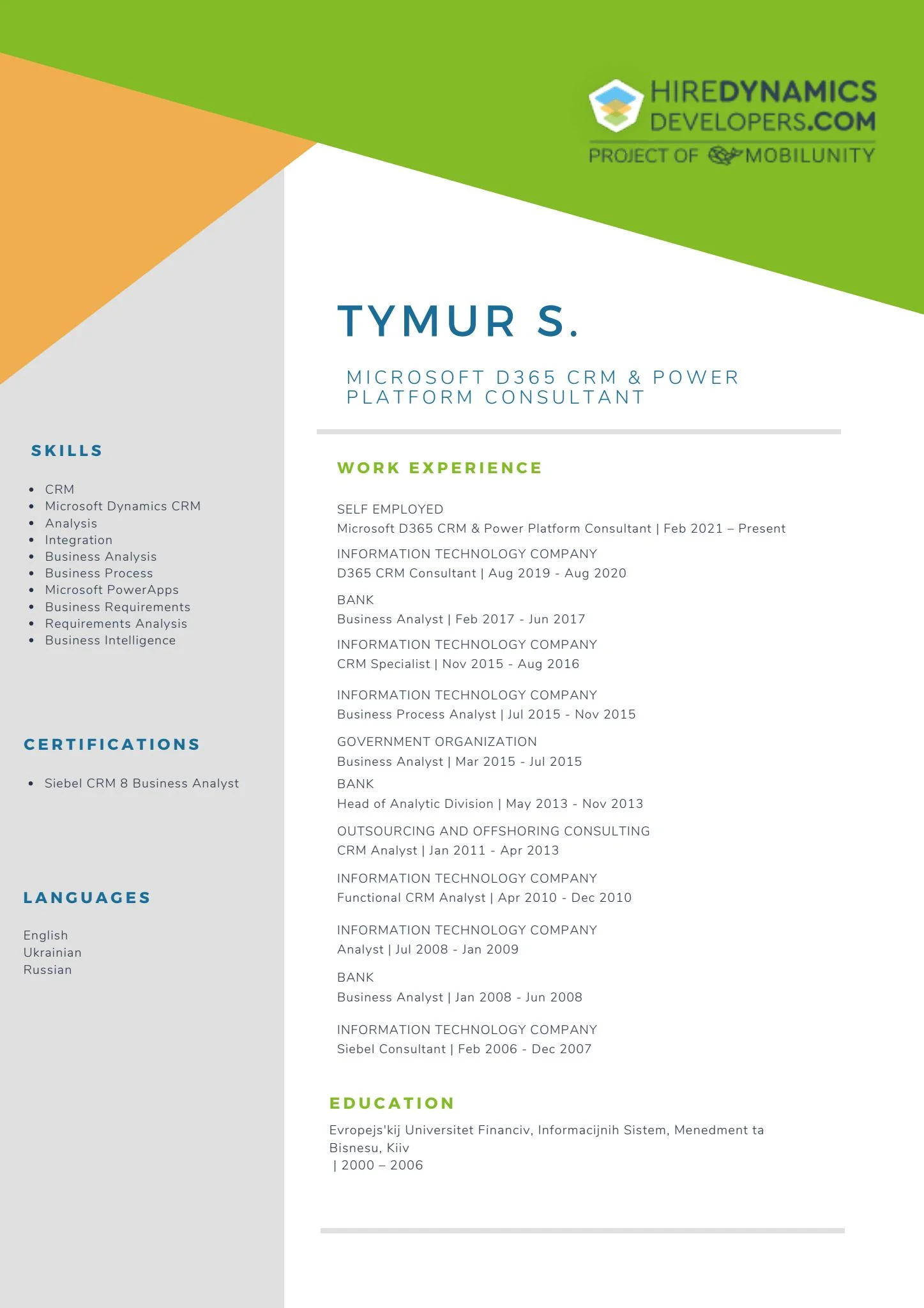 Tymur S. – Microsoft D365 CRM and Power Platform Specialist
