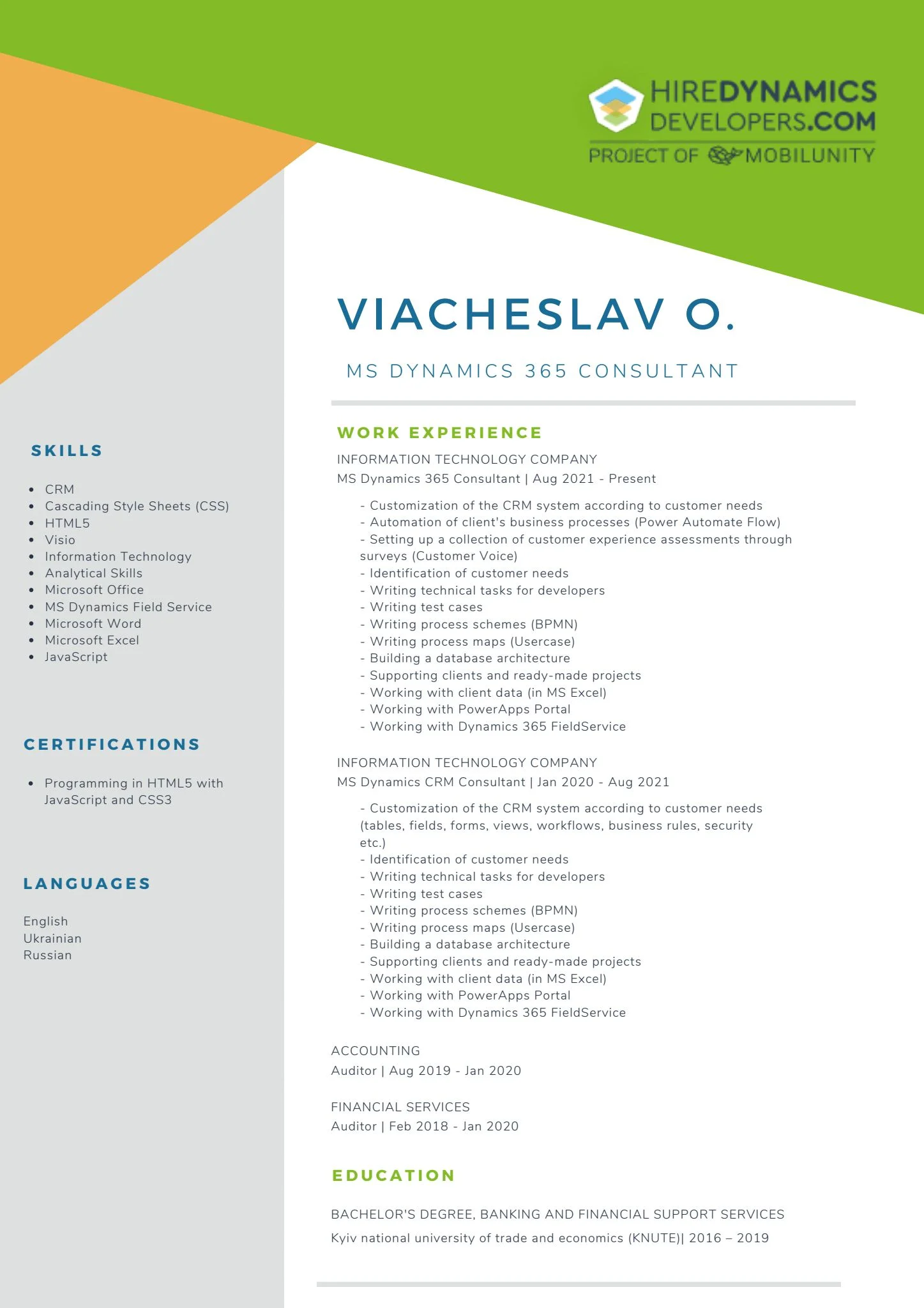 Viacheslav O. – MS Dynamics 365 CE Consultant