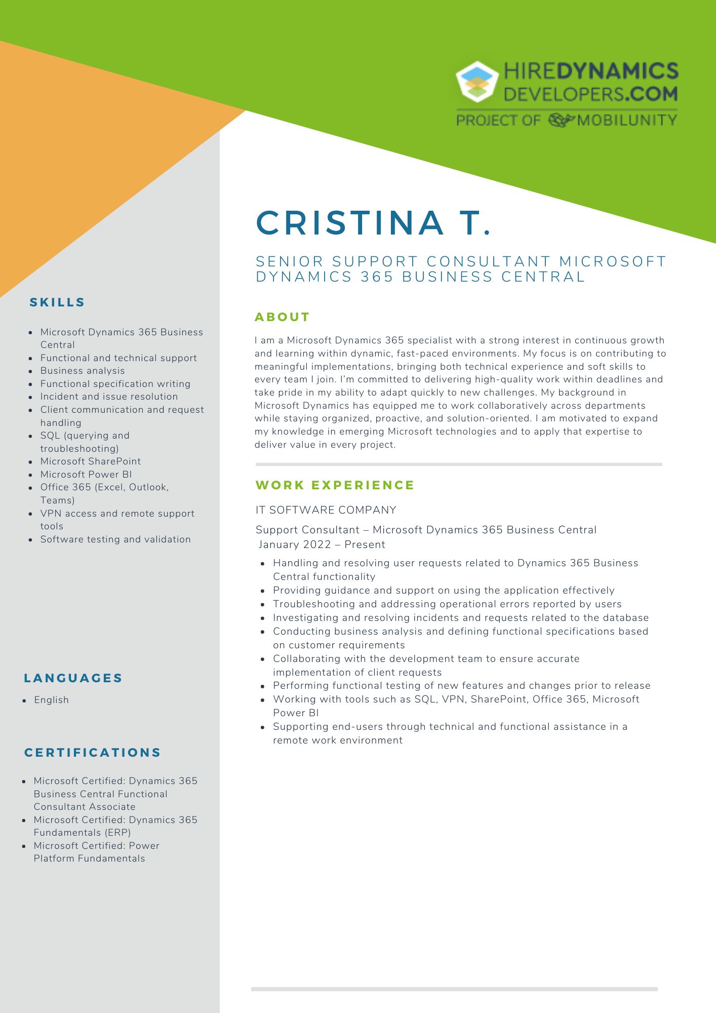 Senior Support Consultant Microsoft Dynamics 365 Business Central