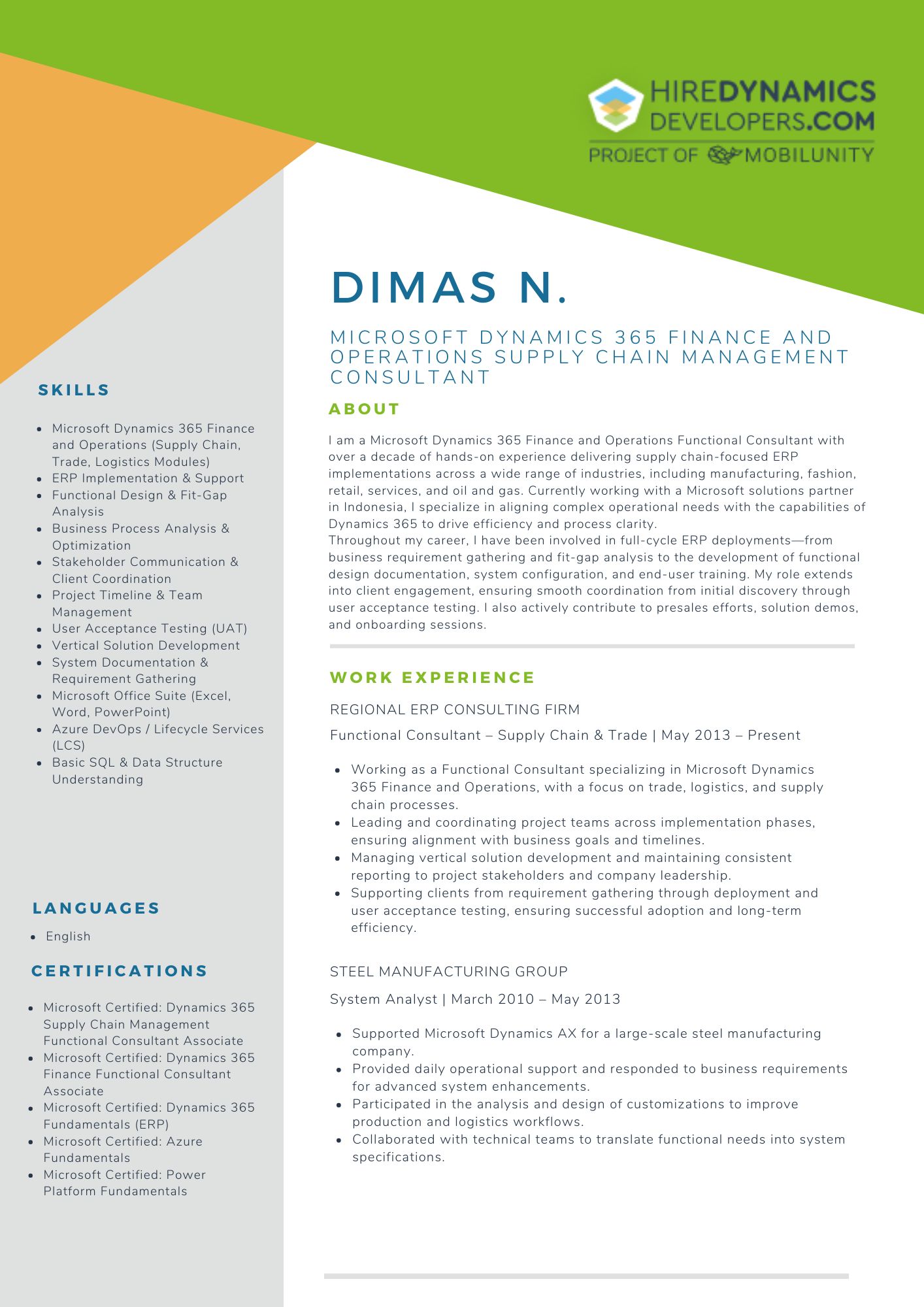 Microsoft Dynamics 365 F&O Supply Chain Management Consultant