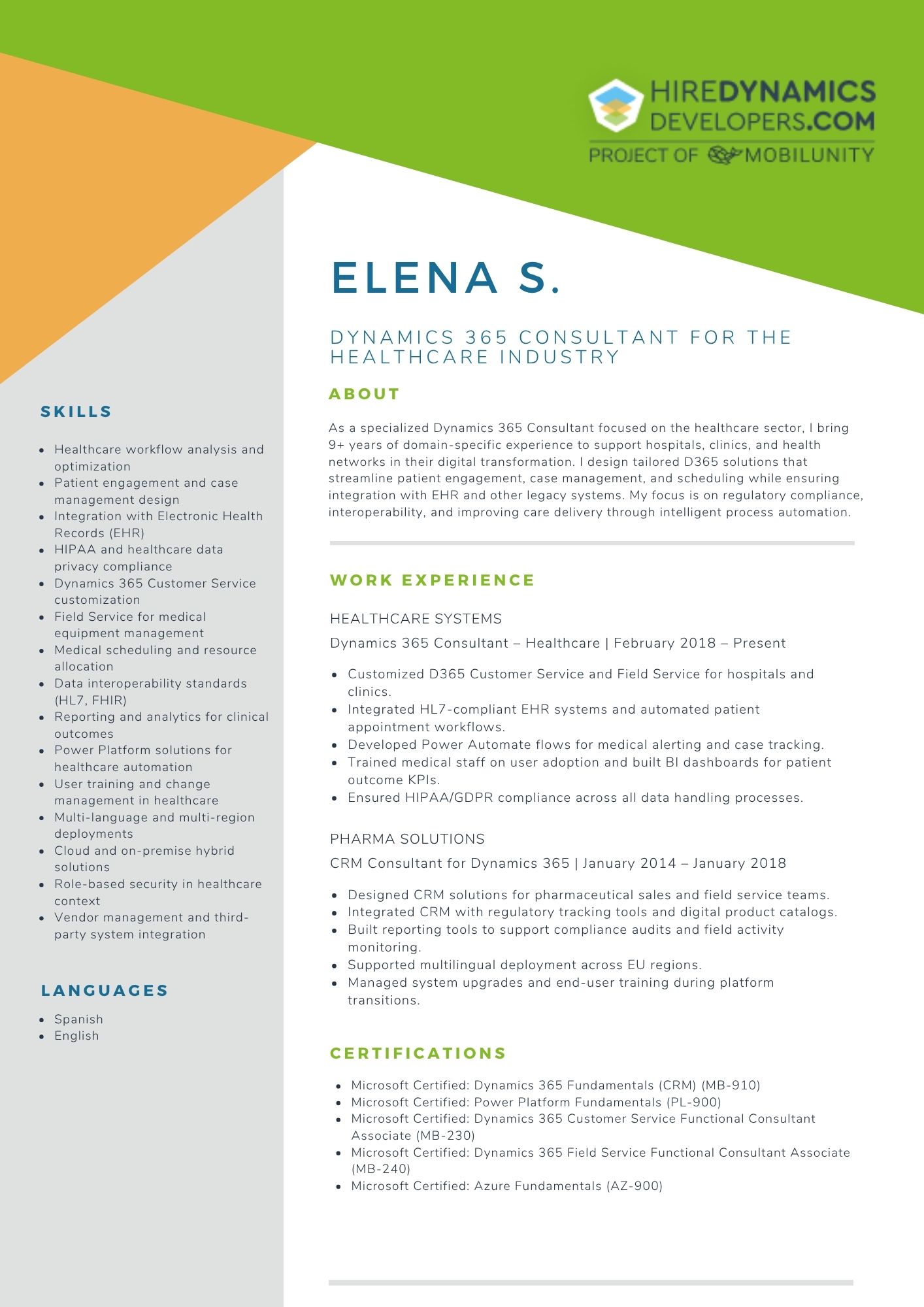 Elena S Dynamics 365 Consultant for the Healthcare Industry